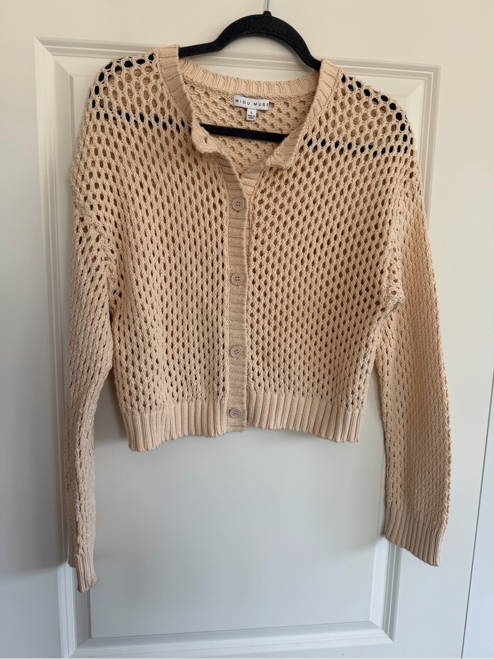 Beige Open-Knit Button Front Sweater